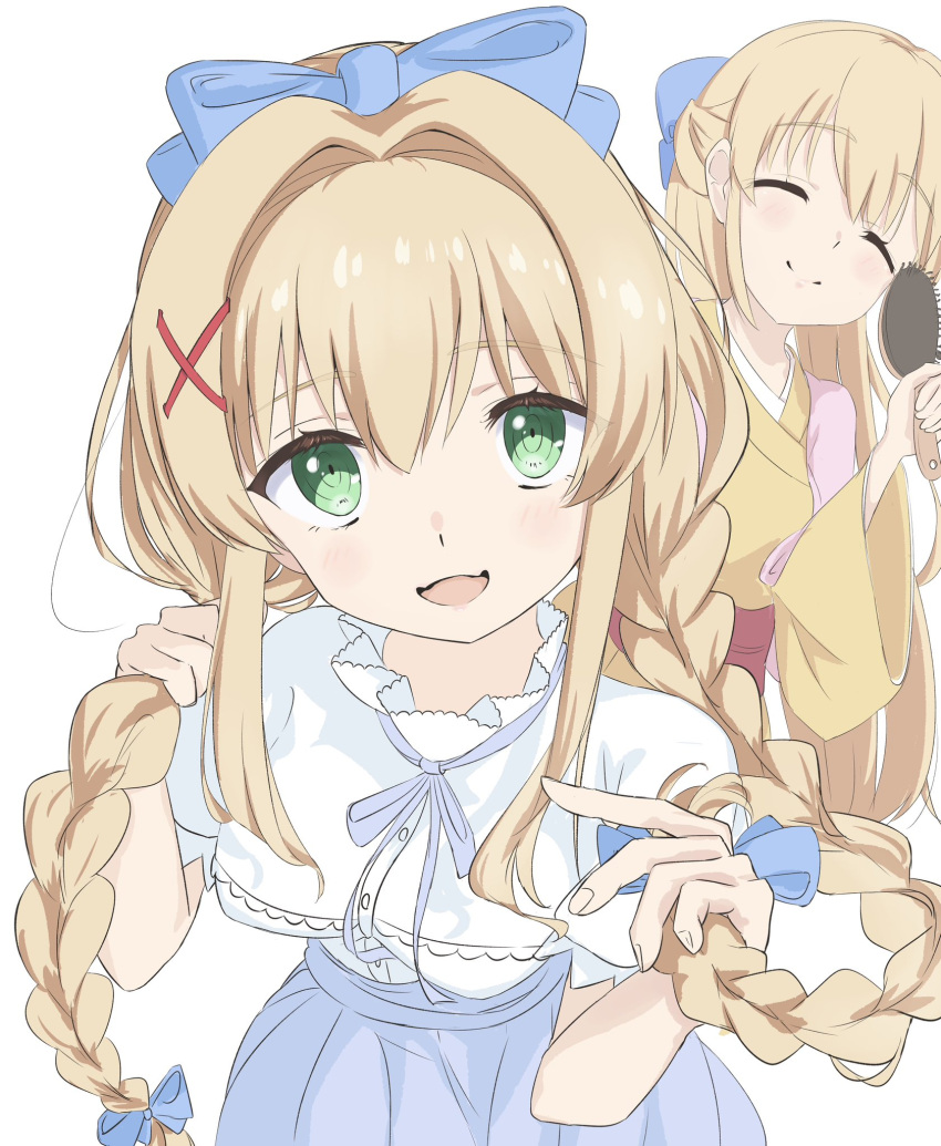 2girls, :d, ^_^, alternate_hairstyle, blue_bow, blue_ribbon, blue_skirt, blush