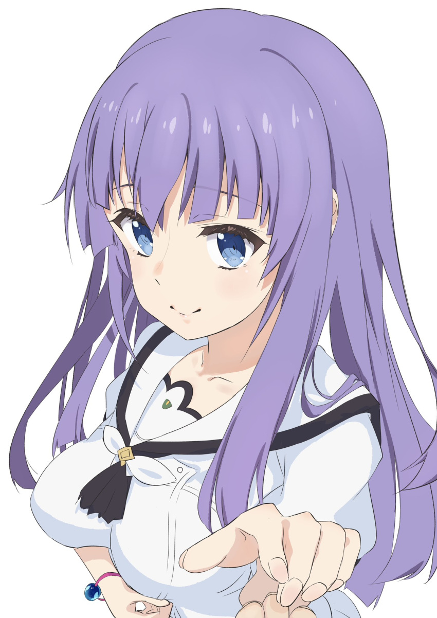 1girl, 1other, arm_under_breasts, ascot, black_ascot, blue_eyes, blunt_bangs, blunt_ends
