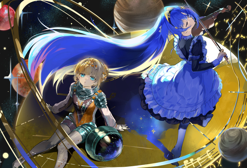 2girls, absurdres, apron, arm_support, astronaut, azumame_tetora, beamed_eighth_notes, black_dress