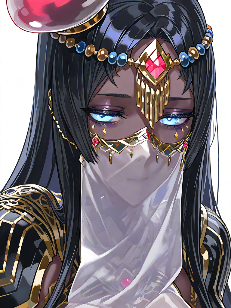 1girl, ai-generated, black_hair, blue_eyes, closed_mouth, dark-skinned_female, dark_skin, fate/grand_order
