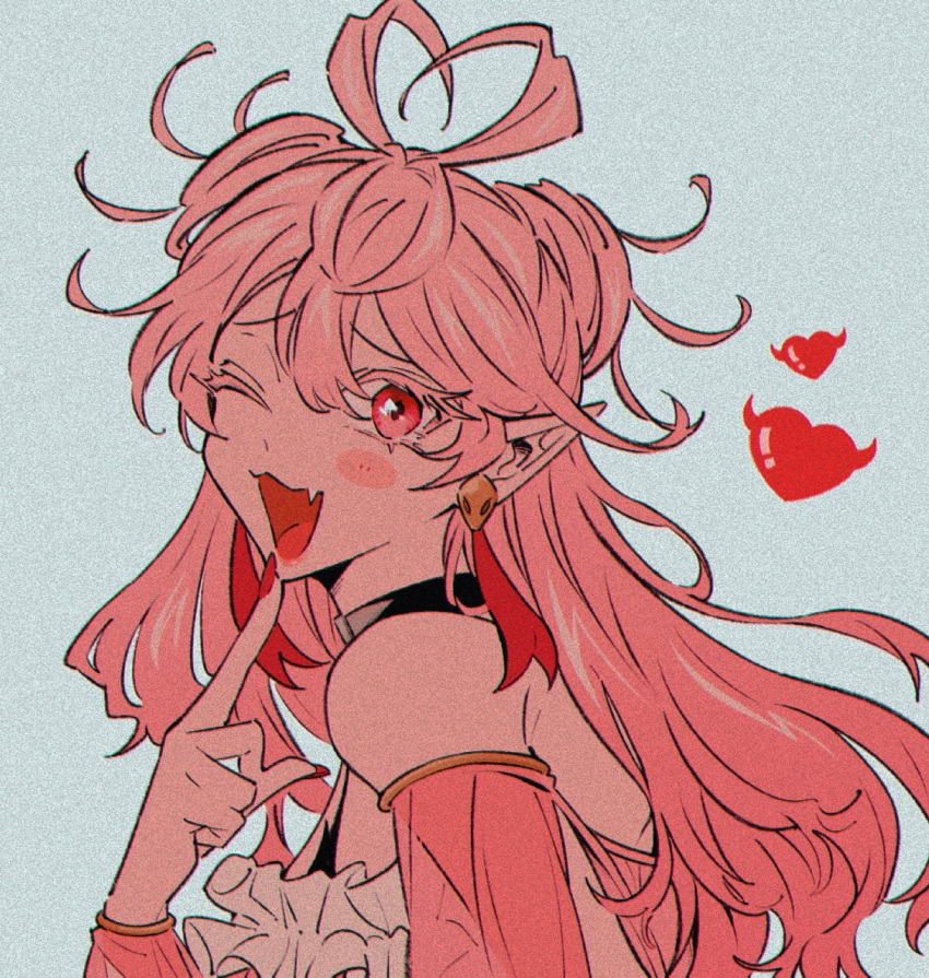 1girl, ahoge, asmodeus_amaryllis, colored_eyelashes, demon_girl, earrings, fang, heart