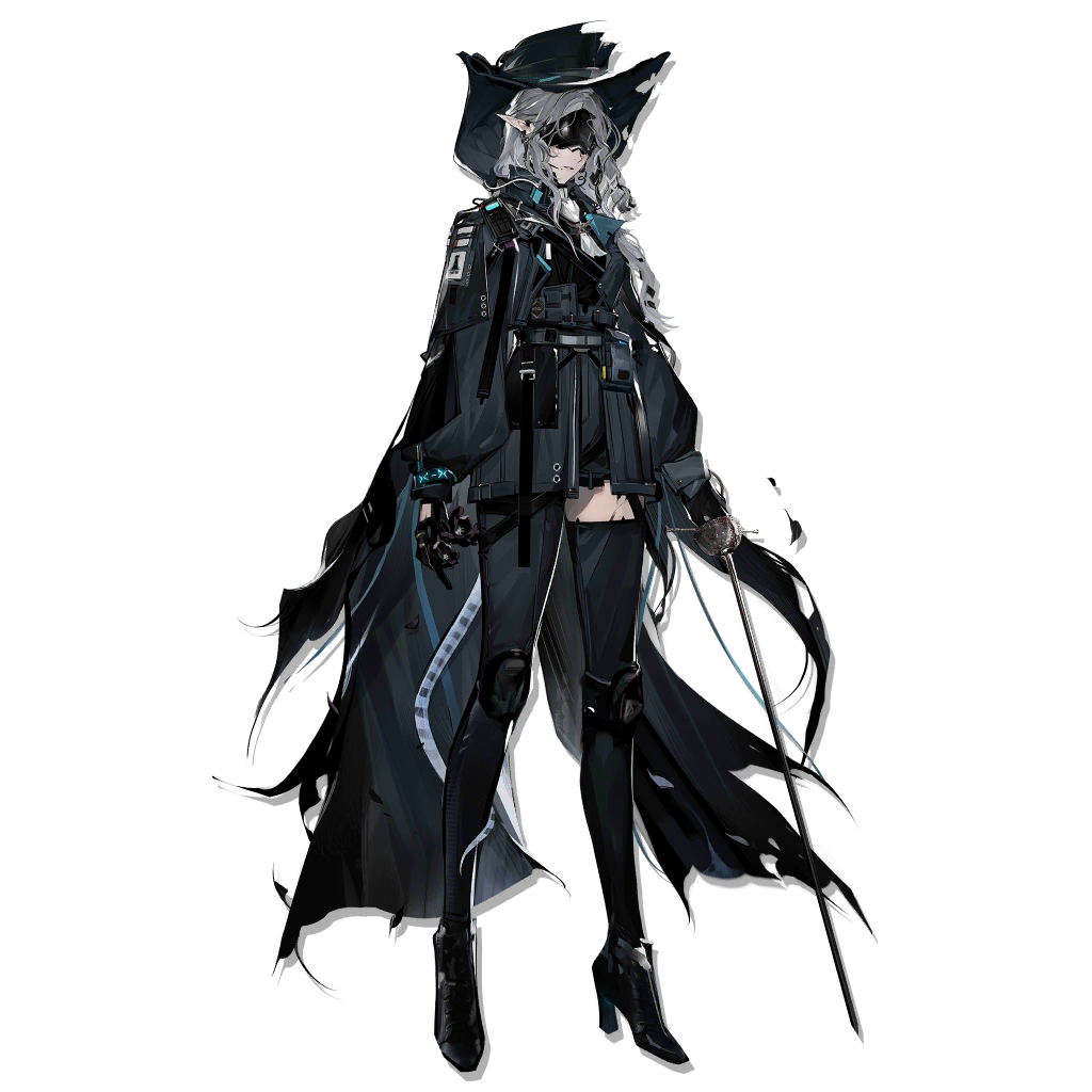 1girl, ammunition_pouch, arknights, asymmetrical_clothes, belt_pouch, black_boots, black_gloves, black_hat