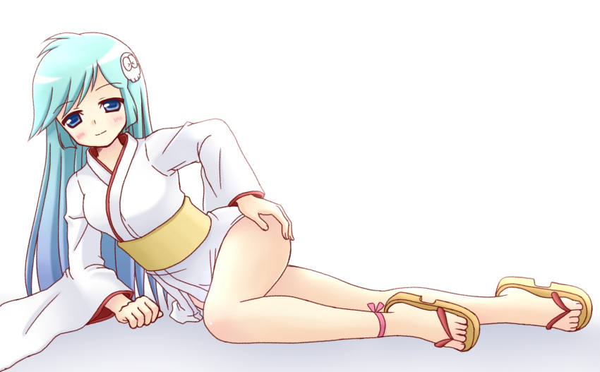 aqua_hair, blue_eyes, blue_hair, blush, dororon_enma-kun, hair_ornament, hand_on_ass, hand_on_butt, highres, hinata_mirun, japanese_clothes, kimono, long_hair, lying, obi, sandals, short_kimono, skull, skull_hair_ornament, smile, solo, yukiko_hime