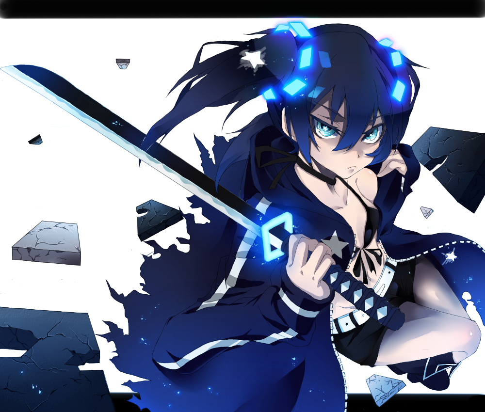 belt, bikini_top, black_hair, black_rock_shooter, black_rock_shooter_(character), blue_eyes, boots, broken