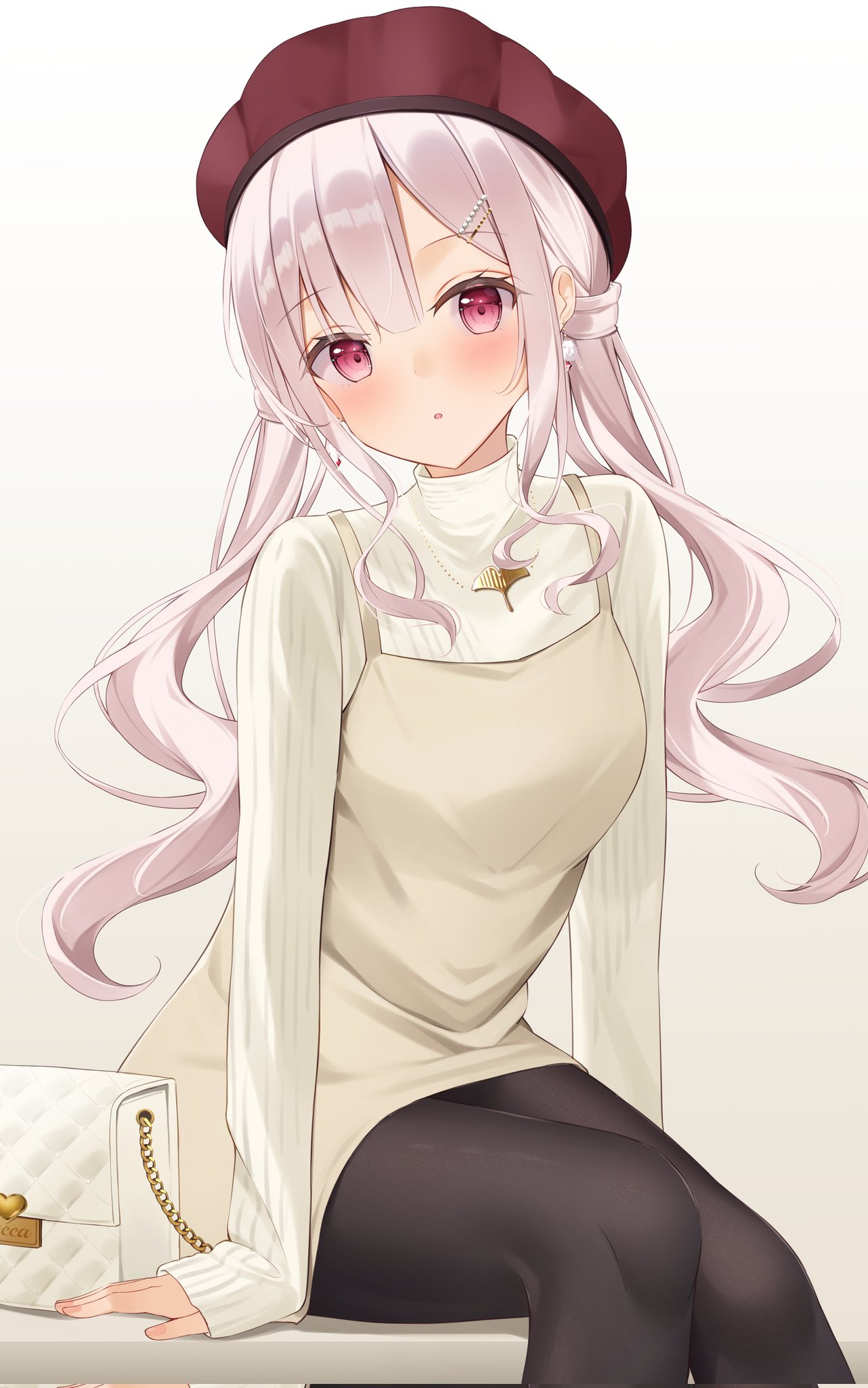 1girl, bag, black_pantyhose, blush, brown_dress, camisole, camisole_over_clothes, dress, hat, highres, lacca_(lalalacca), long_hair, long_sleeves, looking_at_viewer, low_twintails, original, pantyhose, pink_eyes, pink_hair, red_hat, sitting, sleeveless, sleeveless_dress, solo, sweater, twintails, white_sweater