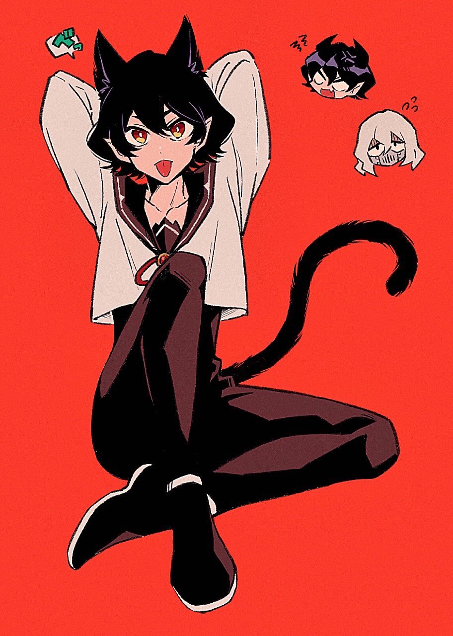 1other, 2boys, anger_vein, animal_ears, arms_behind_head, balam_shichirou, black_hair, black_pants