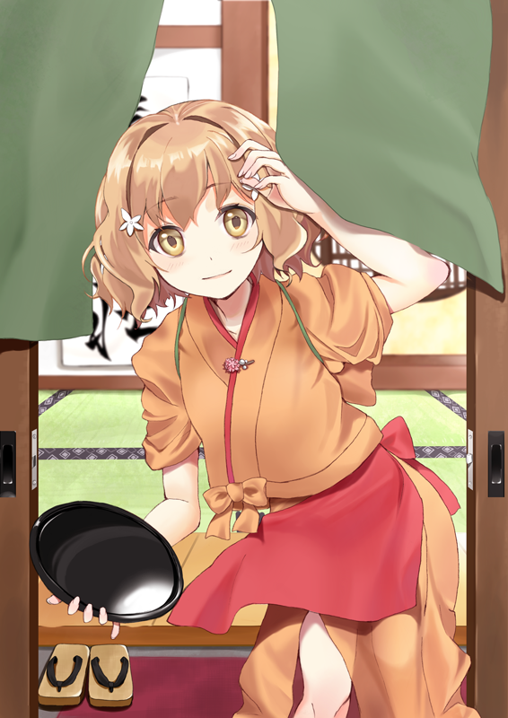 blush, brown_eyes, brown_hair, curtains, door, flower, hair_flower, hair_ornament, hanasaku_iroha, harunoibuki, japanese_clothes, matsumae_ohana, noren, sandals, short_hair, smile, solo
