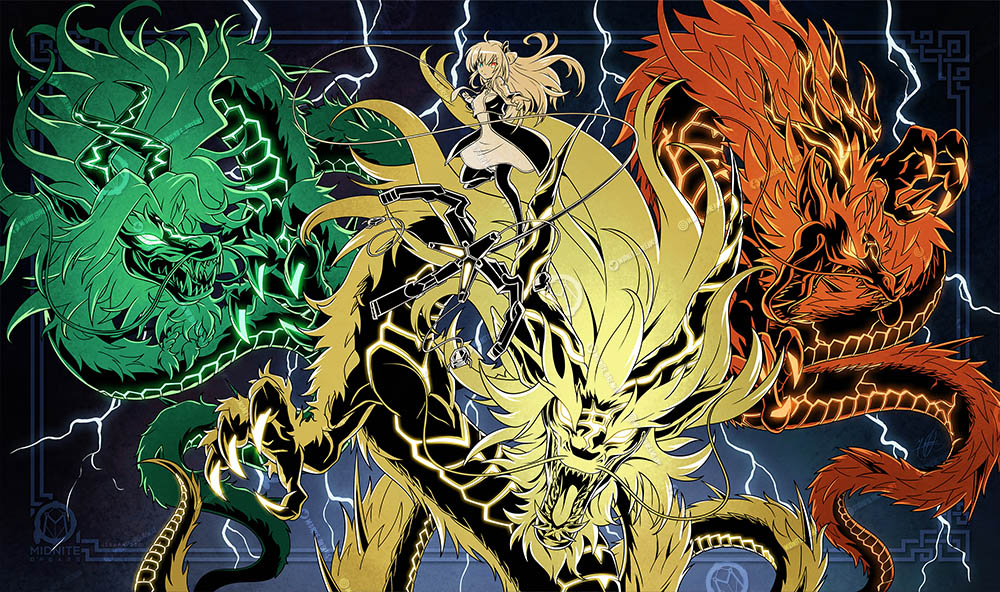 1girl, ahoge, black_thighhighs, blonde_hair, claws, dragon, dragon_horns, dress, eastern_dragon, heterochromia, horns, long_hair, long_sleeves, looking_at_viewer, midnite_dreams, sky_striker_ace_-_raye, sword, tenpai_dragon_chundra, tenpai_dragon_fadra, tenpai_dragon_paidra, thigh-highs, thunder, two-tone_dress, weapon, yu-gi-oh!