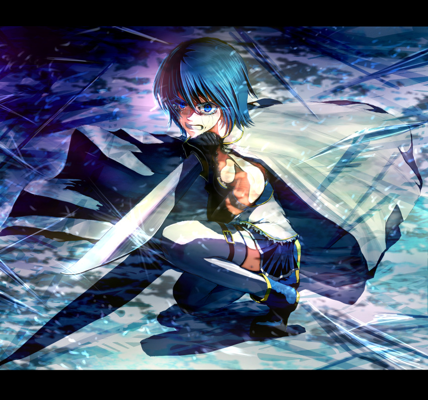 bad_id, blue_eyes, blue_hair, cape, clenched_teeth, colored_eyelashes, eyelashes, fighting_stance