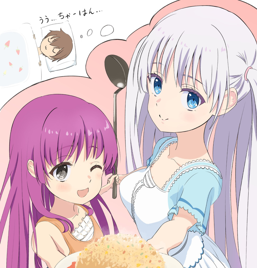 1boy, 2girls, :3, ;d, alternate_hairstyle, bare_shoulders, blue_eyes, blue_sleeves
