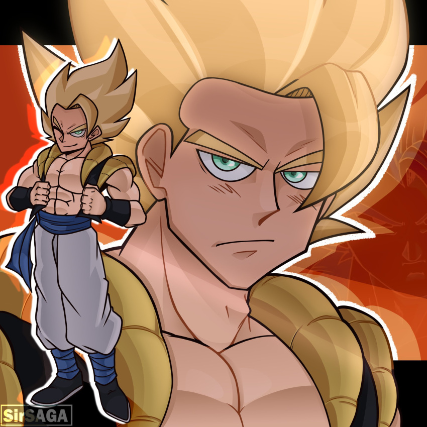 1boy, abs, belt, black_vest, blonde_hair, close-up, collarbone, dragon_ball, dragon_ball_super, dragon_ball_super_broly, gogeta, green_eyes, hair_between_eyes, highres, metamoran_vest, muscular, muscular_male, orange_background, saiyan, serious, sirs_a_g_a, smile, super_saiyan, vest, wristband