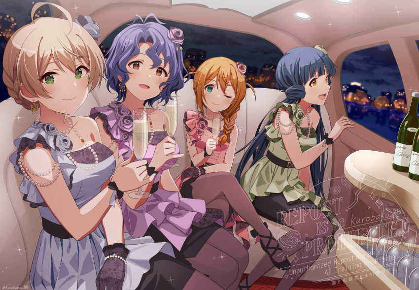 4_luxury_(idolmaster), 4girls, absurdres, ahoge, baba_konomi, black_pantyhose, blue_dress, blue_eyes