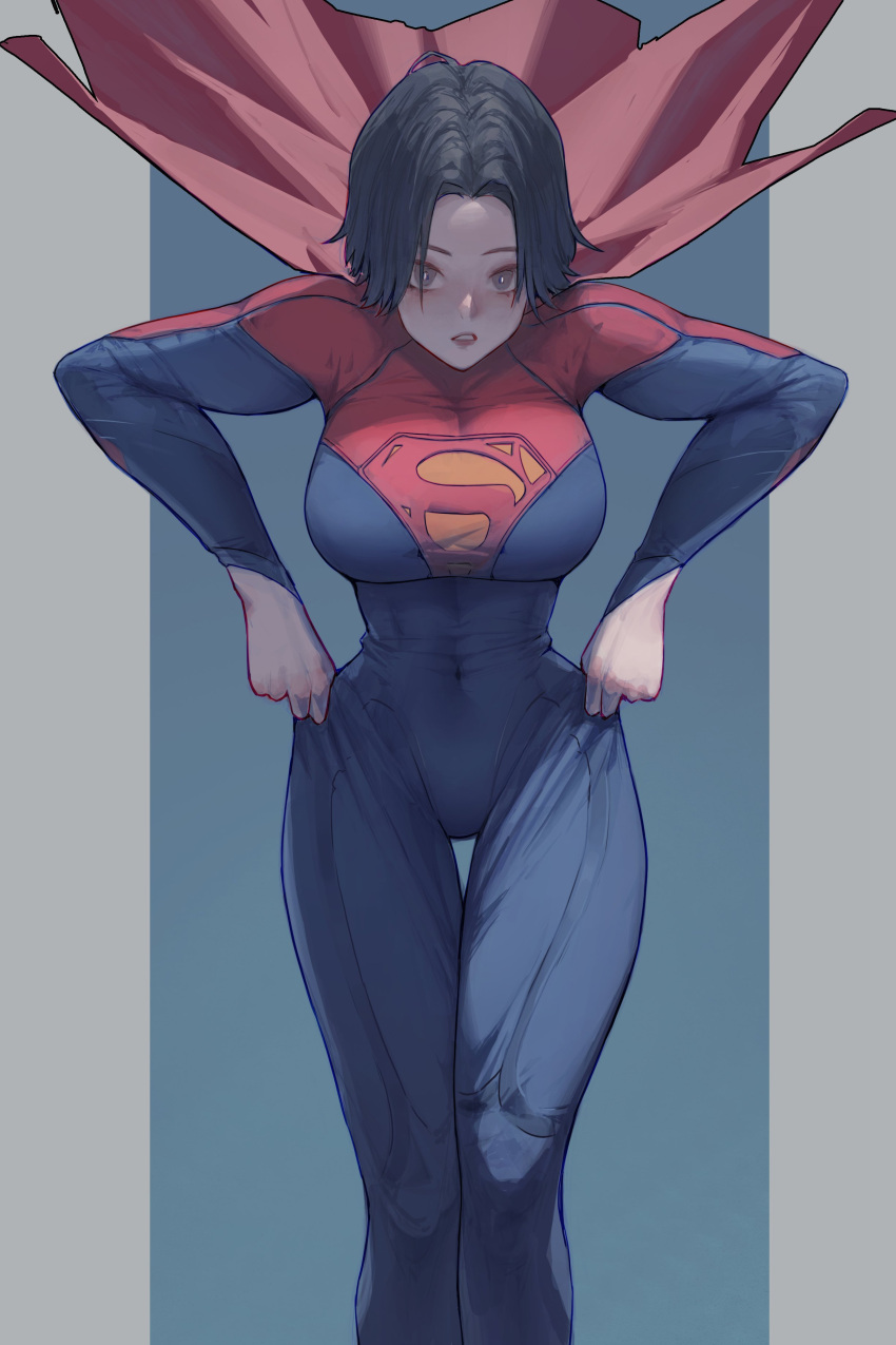 1girl, absurdres, black_eyes, black_hair, bodysuit, cape, clozzy01, covered_navel, dc_comics, english_commentary, highres, parted_lips, red_cape, solo, supergirl, superman_(series), superman_logo