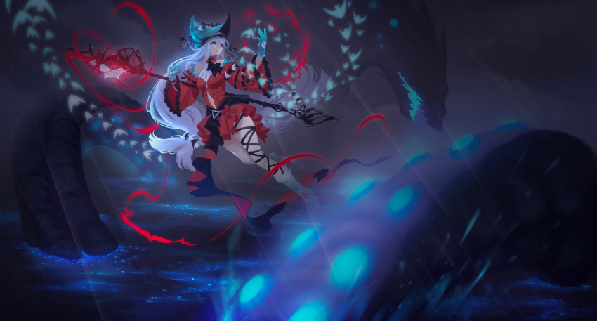 1girl, angelfish, aqua_gloves, aqua_hat, arknights, ascot, bare_shoulders, black_ascot