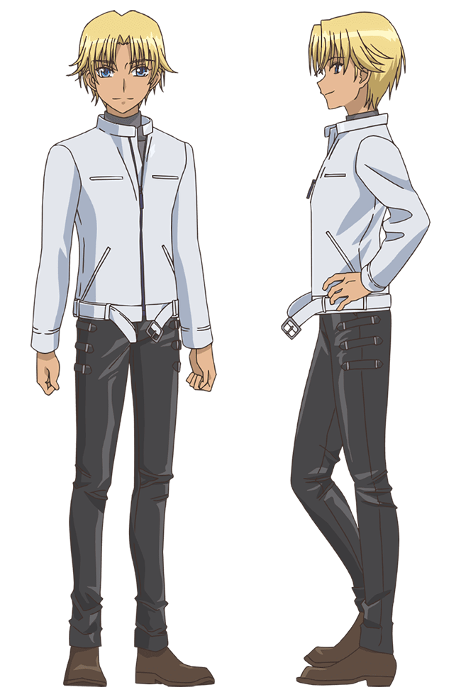 2boys, anime_coloring, belt, black_pants, blonde_hair, blue_eyes, brown_shoes, clenched_hands, closed_mouth, collared_shirt, curtained_hair, dark-skinned_male, dark_skin, dress_shoes, from_side, full_body, grey_shirt, gyaruo, hand_on_own_hip, ishino_satoshi, jacket, looking_at_viewer, multiple_boys, multiple_views, official_art, pants, profile, shirogane_ryou, shirt, shoes, short_hair, simple_background, smile, standing, tokyo_mew_mew, transparent_background, white_belt, white_jacket