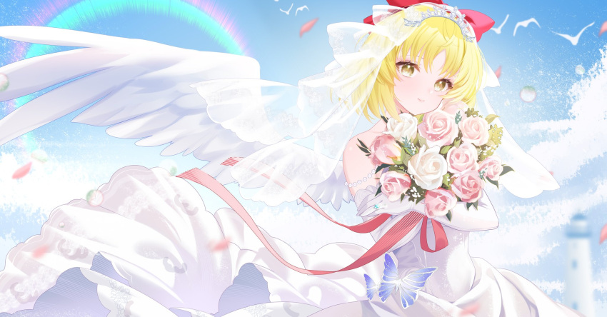 1girl, bird, blonde_hair, blue_butterfly, blurry, blurry_background, bridal_gauntlets, bridal_veil, bug, butterfly, clouds, dove, dress, falling_petals, feathered_wings, flower, gengetsu_(touhou), hair_ornament, highres, jewelry, lighthouse, lotus_land_story, paranoia495514, petals, pink_flower, pink_rose, red_ribbon, ribbon, ring, rose, sky, smile, touhou, touhou_(pc-98), veil, wedding_dress, wedding_ring, white_flower, white_rose, wings, yellow_eyes
