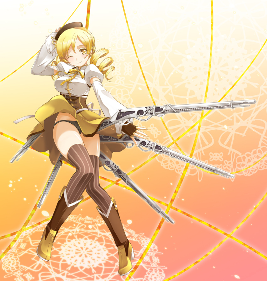beret, black_panties, blonde_hair, boots, corset, detached_sleeves, drill_hair, fingerless_gloves