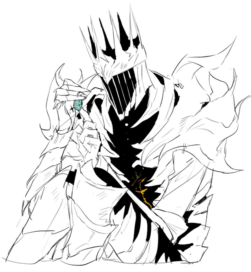 1boy, armor, elden_ring, elden_ring_nightreign, great_rune_(elden_ring), greaves, greyscale, helmet