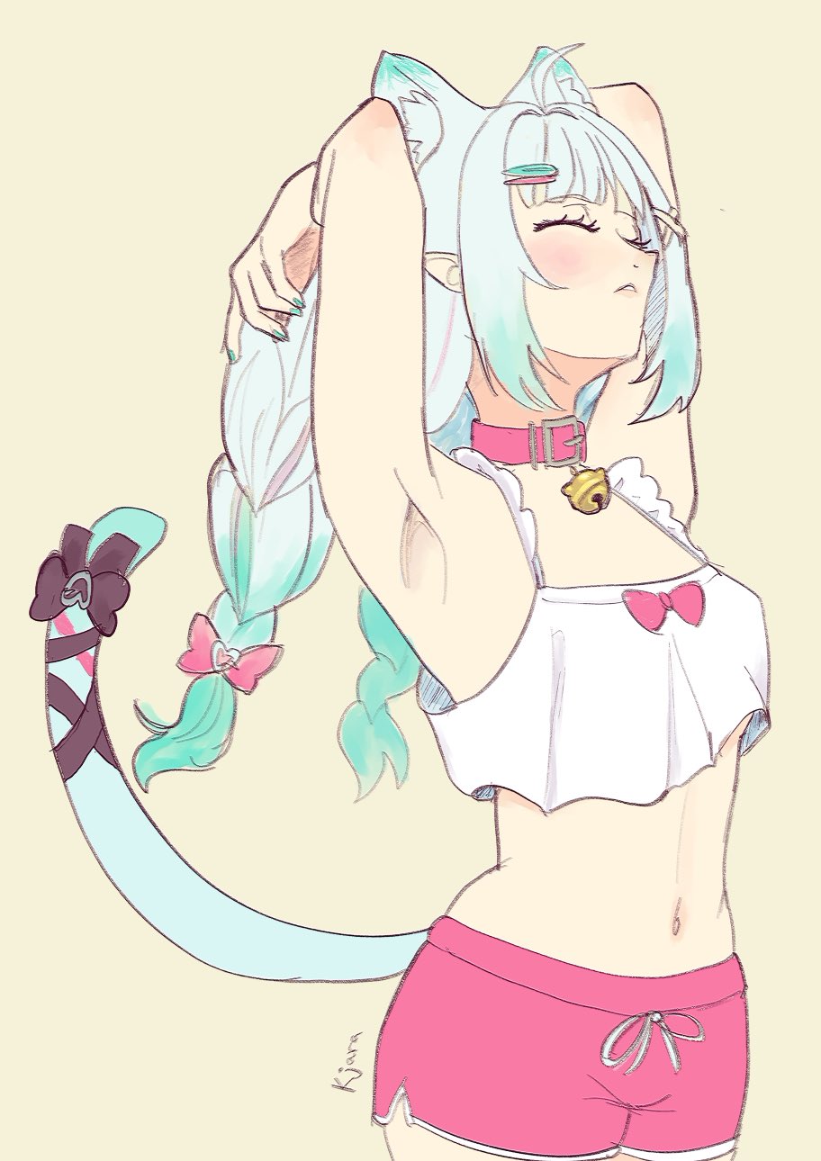 1girl, ahoge, animal_ear_fluff, animal_ears, armpits, arms_behind_head, arms_up, bell