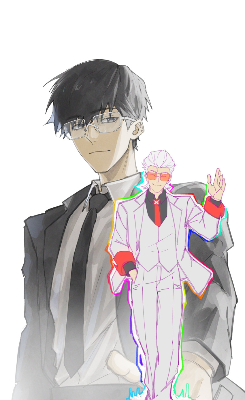 2boys, absurdres, bag, black_coat, black_eyes, black_hair, black_necktie, black_shirt