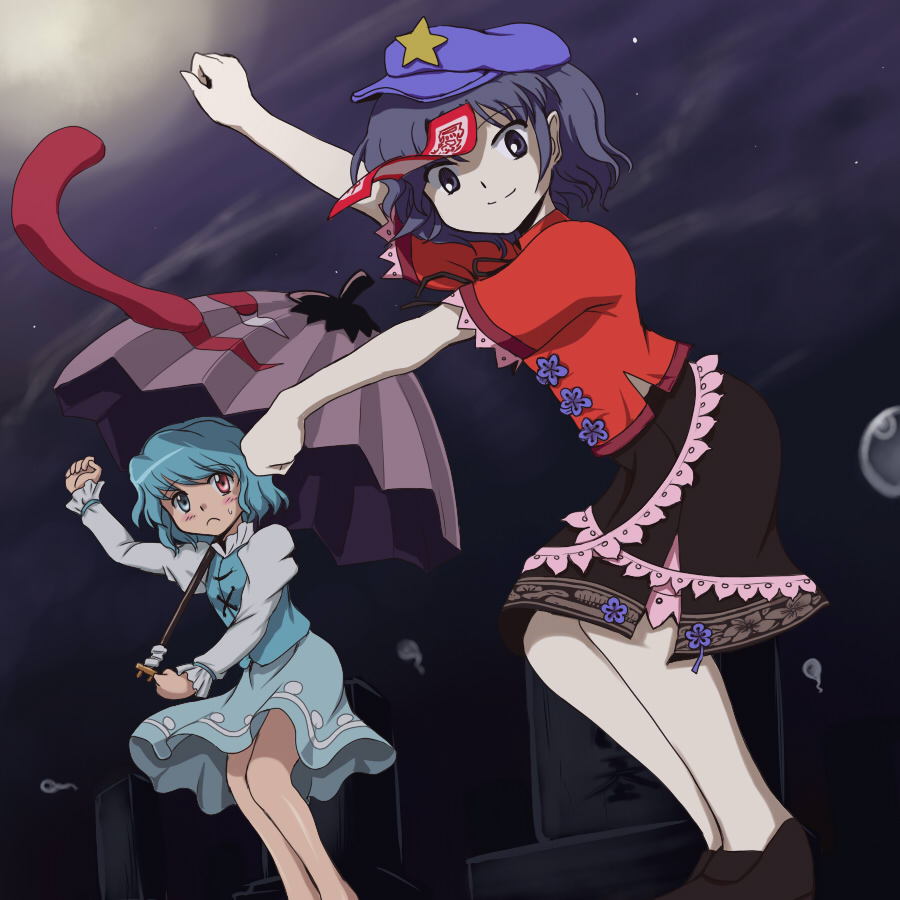 black_eyes, black_hair, blue_eyes, blue_hair, commentary_request, dress, flx, frown