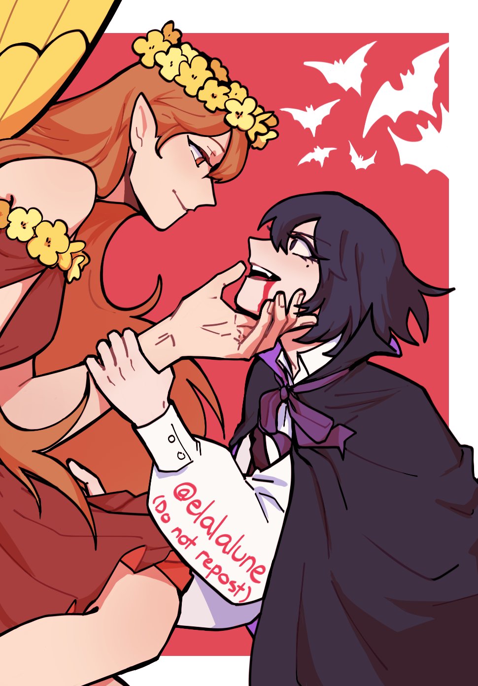 2girls, animal_print, bat_print, black_cape, black_eyes, black_hair, blood, blood_from_mouth