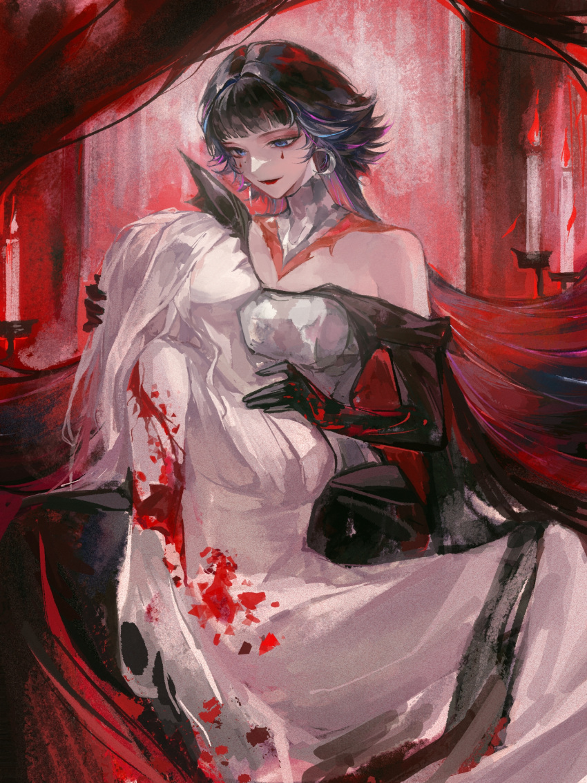 2girls, black_gloves, blindfold, blood, blood_on_arm, blue_hair, blunt_bangs, candle