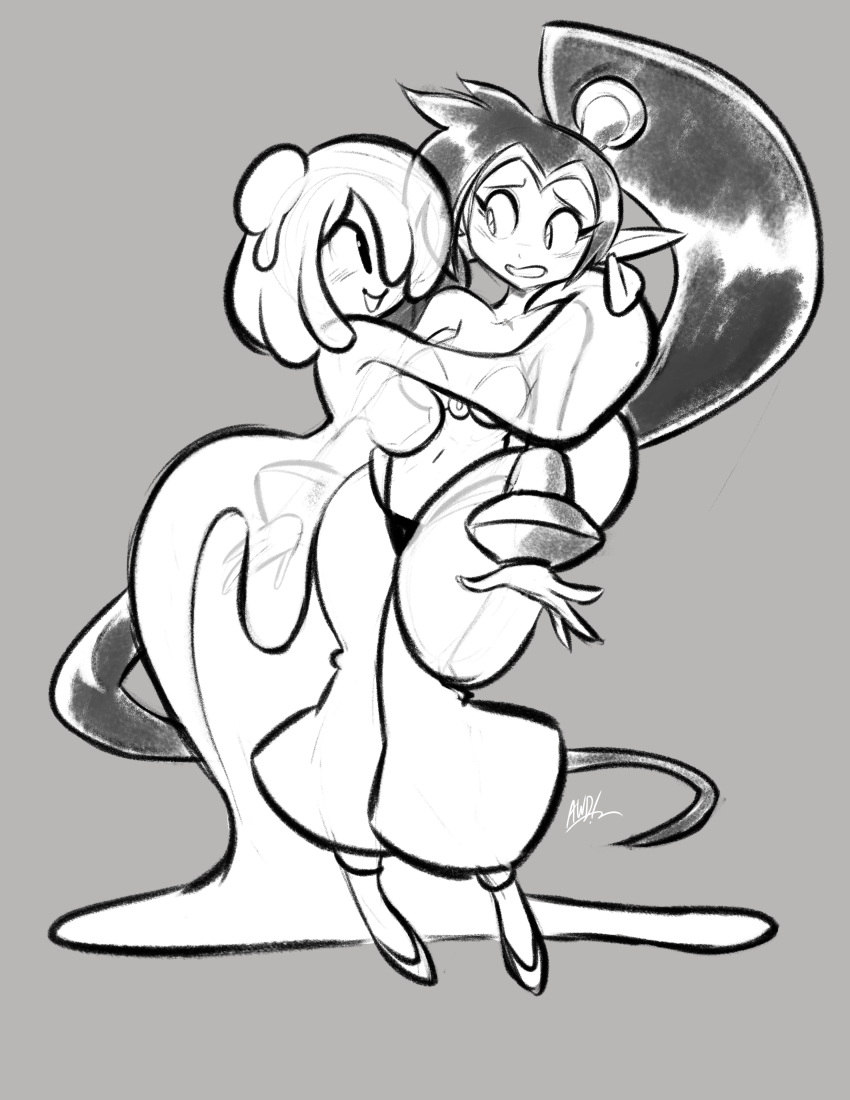 2girls, absurdres, awd!, earrings, happy, high_ponytail, highres, hug, jewelry, monster_girl, multiple_girls, non-web_source, open_mouth, ponytail, shantae, shantae_(series), simple_background, slime_girl, slimegal_(shantae), uncomfortable