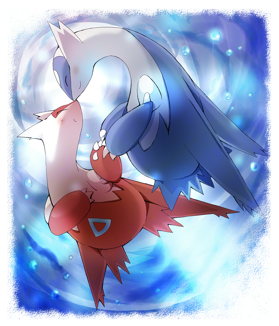 azuma_minatsu, blush, closed_eyes, couple, dragon, hand_holding, happy, holding_hands, latias, latios, no_humans, nose_touching, pokemon, pokemon_(creature), pokemon_(game), pokemon_rse, smile