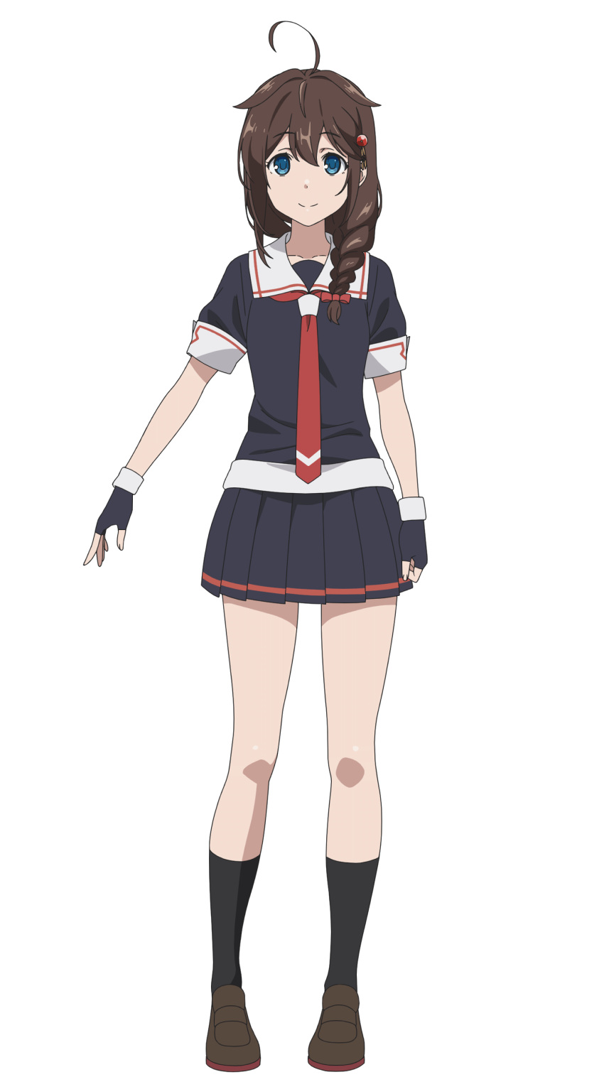 1girl, absurdres, ahoge, anime_coloring, aqua_eyes, black_gloves, black_shirt, black_skirt