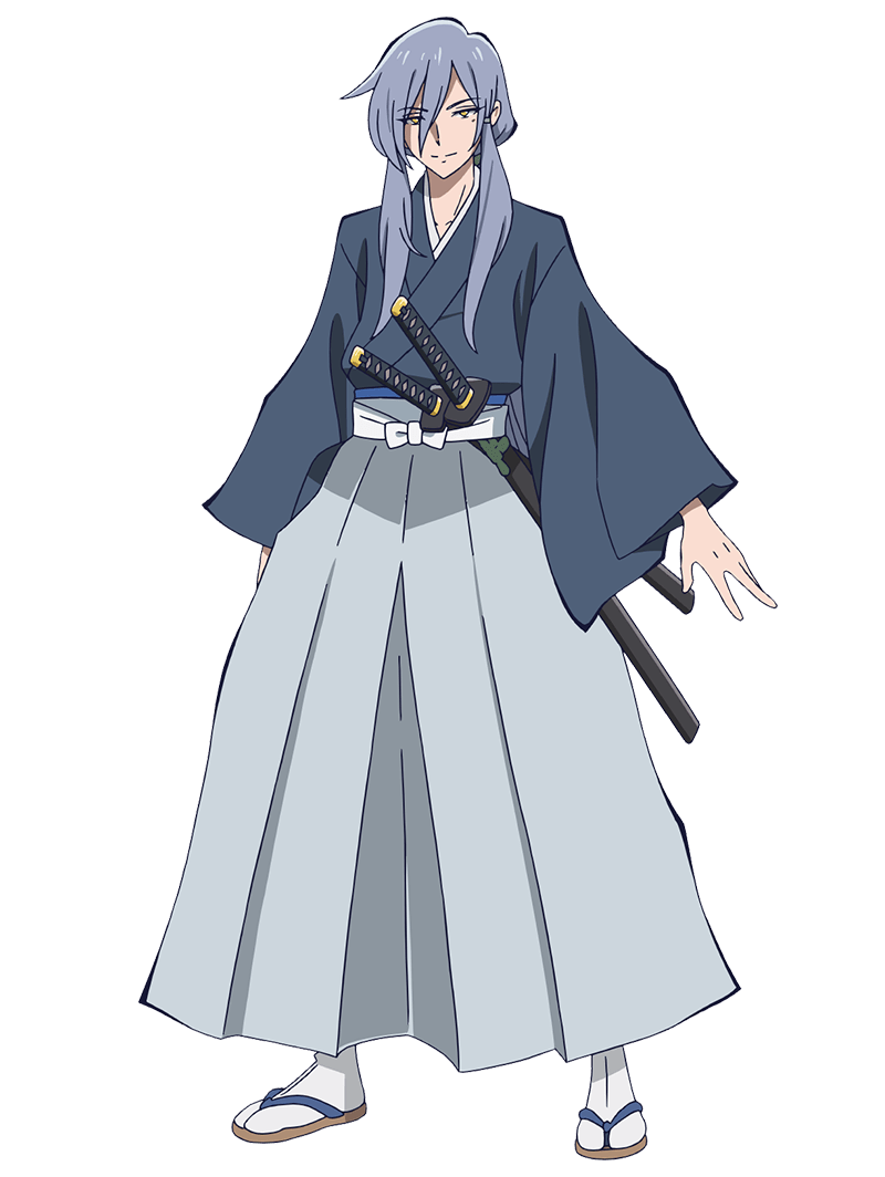 1boy, anime_coloring, blue_hair, blue_kimono, bucchigire!, closed_mouth, full_body, grey_hakama