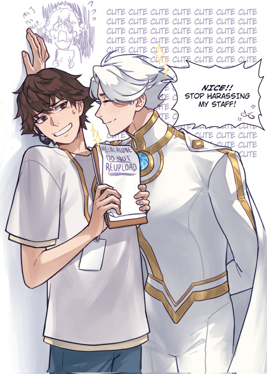 2boys, arm_behind_back, bodysuit, brooch, brown_eyes, brown_hair, cape, clipboard