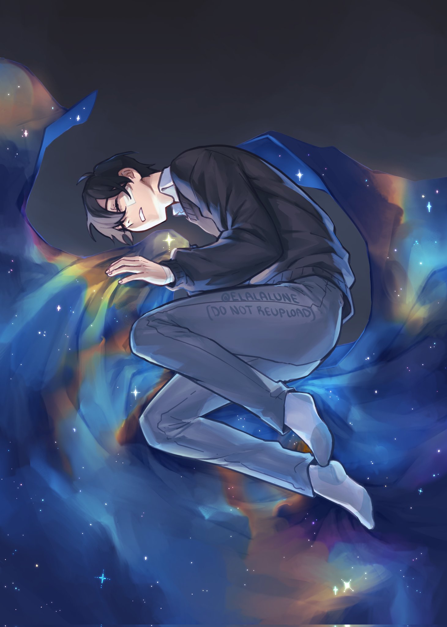 1boy, bandaid, bandaid_on_face, black_hair, black_sweater, blanket, blanket_grab, clenched_teeth