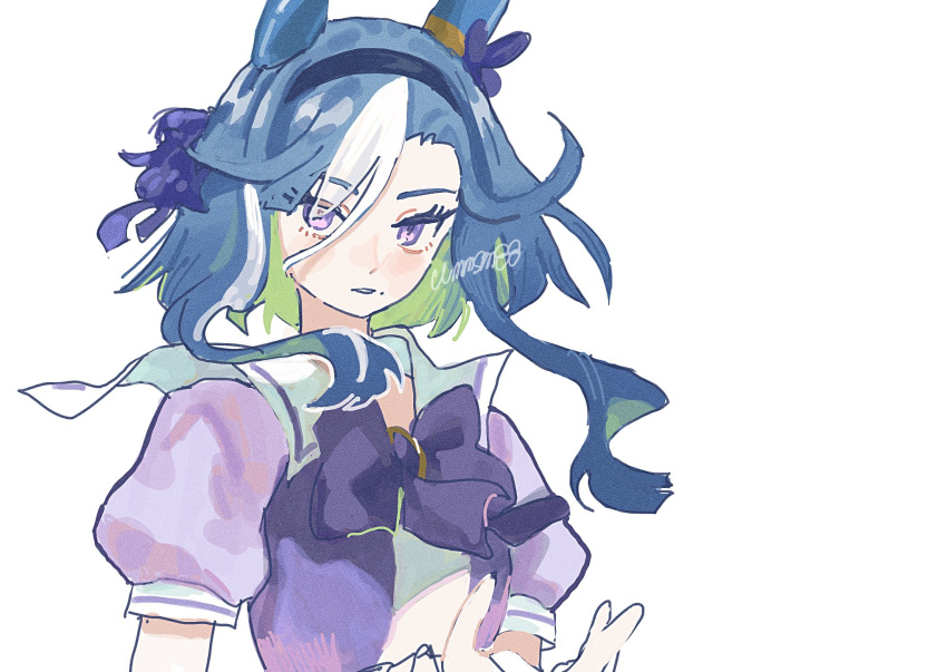1girl, admire_groove_(umamusume), animal_ears, black_hairband, blue_hair, blush, bow, ear_bow