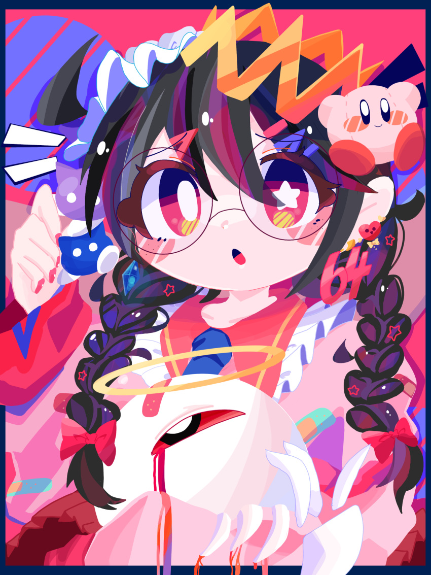1girl, bleeding, blood, bow, braid, crown, earrings, glasses