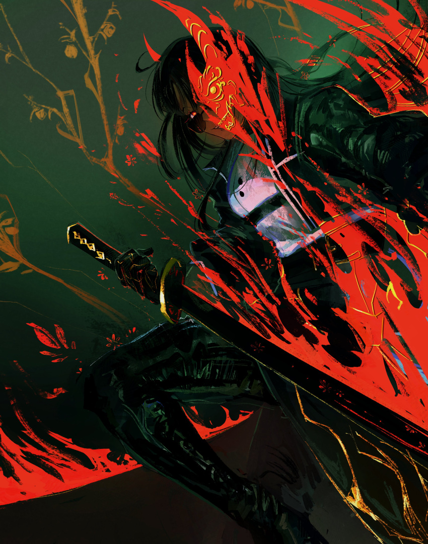 1girl, absurdres, black_coat, black_gloves, black_hair, black_pants, blood, blunt_bangs, coat, contempt_awe_(e.g.o), e.g.o_(project_moon), fire, gloves, grey_background, highres, holding, holding_sword, holding_weapon, limbus_company, long_hair, looking_at_viewer, lycanthix, ootachi, open_mouth, pants, project_moon, red_eyes, ryoshu_(project_moon), shirt, simple_background, solo, standing, sunglasses, sword, upper_body, weapon, white_shirt