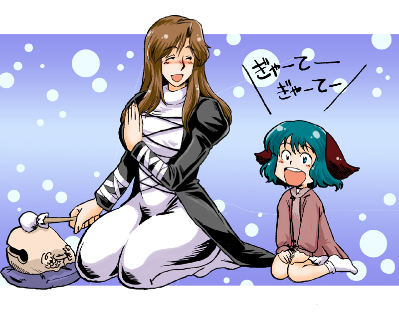 2girls, :d, animal_ears, aqua_eyes, aqua_hair, azuki_osamitsu, blush, brown_hair