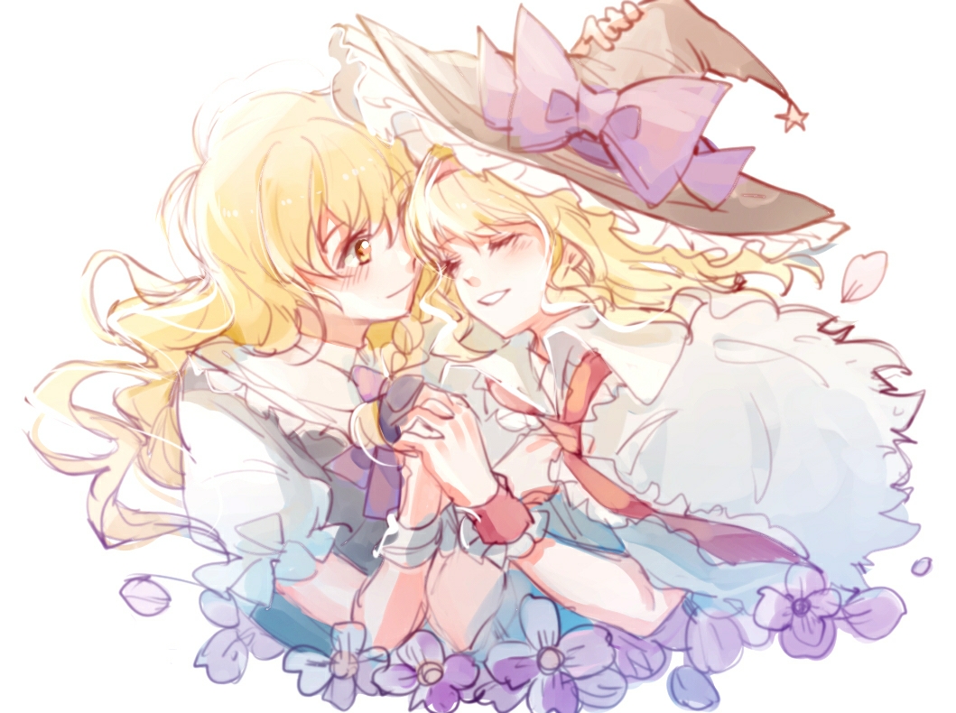 2girls, alice_margatroid, black_hat, blonde_hair, blush, bow, chinese_commentary, closed_eyes