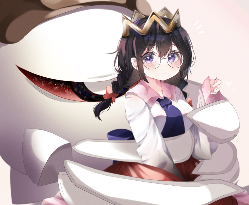 1girl, bandaid, black_hair, blush, bow, braid, crown, glasses