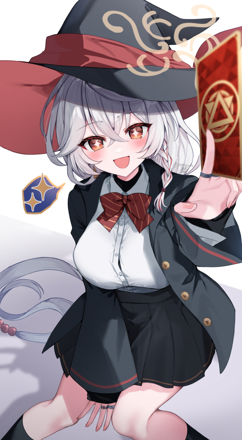 1girl, artist_name, between_legs, black_hat, black_jacket, black_skirt, blue_archive, blush
