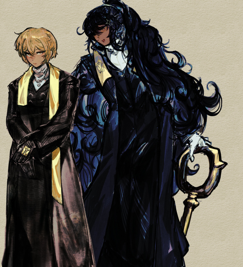 2boys, absurdres, black_coat, black_eyes, black_gloves, black_hair, black_pants, black_vest
