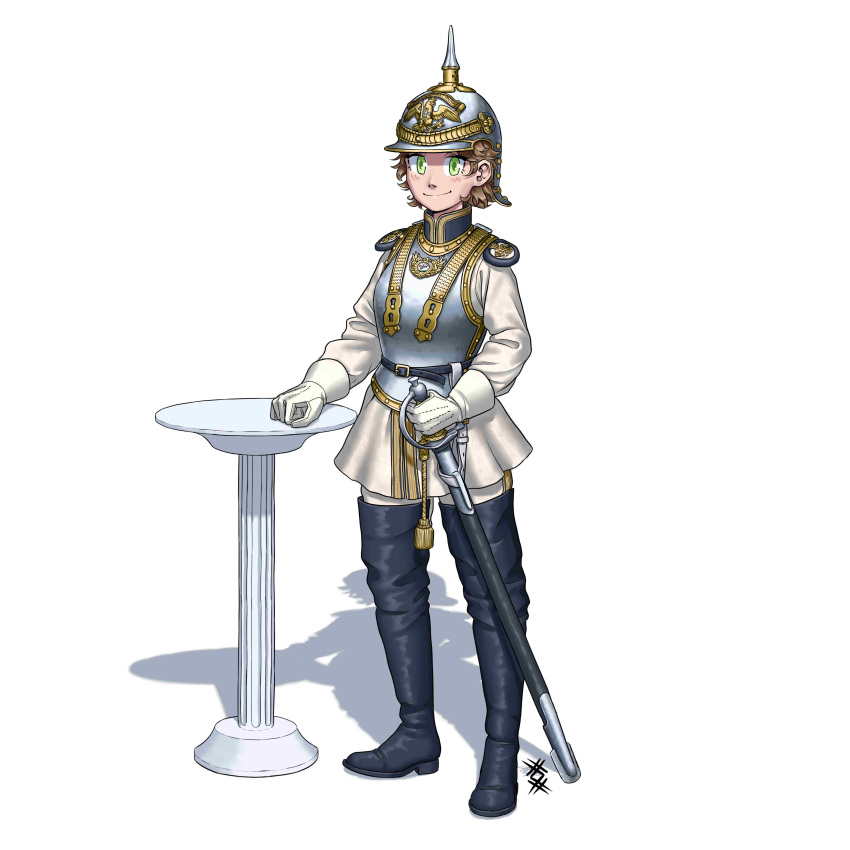 1girl, absurdres, belt_buckle, black_boots, boots, buckle, cavalry, combat_helmet