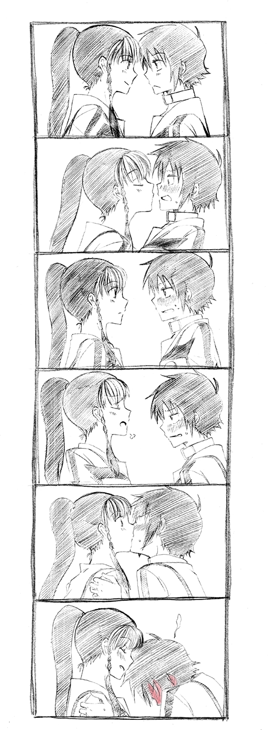 androgynous, black_hair, blush, collar, comic, hayate_x_blade, highres, inori_sae, kiss, long_hair, mikado_akira, morukon, multiple_girls, ponytail, reverse_trap, school_uniform, short_hair, spot_color, yuri