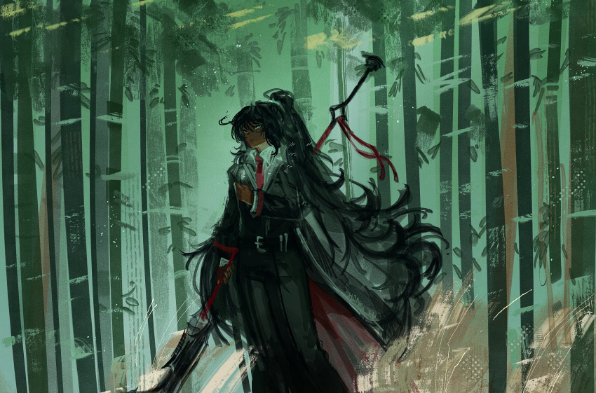 1boy, alternate_skin_color, bamboo, bamboo_forest, black_coat, black_eyes, black_hair, black_pants
