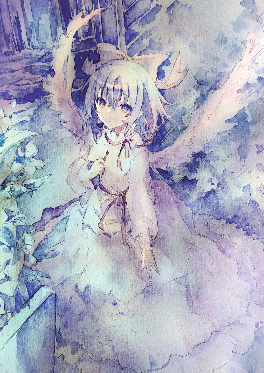 1girl, absurdres, angel_wings, blue_eyes, blue_hair, blue_theme, bow, closed_mouth