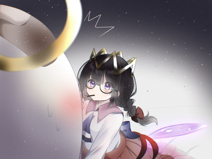 1girl, bandaid, black_hair, blush, bow, crown, fairy, fairy_wings
