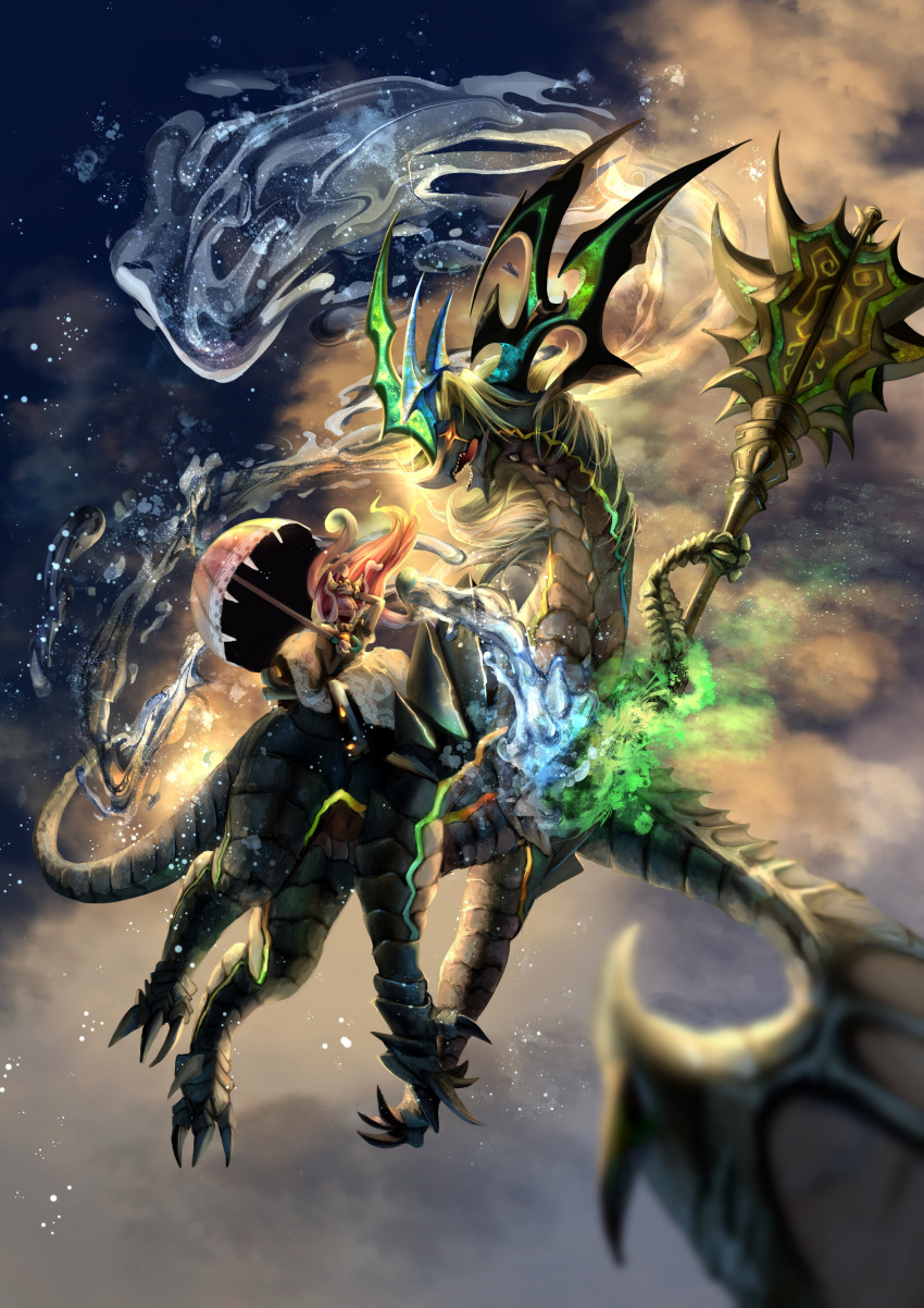 1girl, above_clouds, absurdres, black_boots, boots, clouds, dragon, dragon_horns
