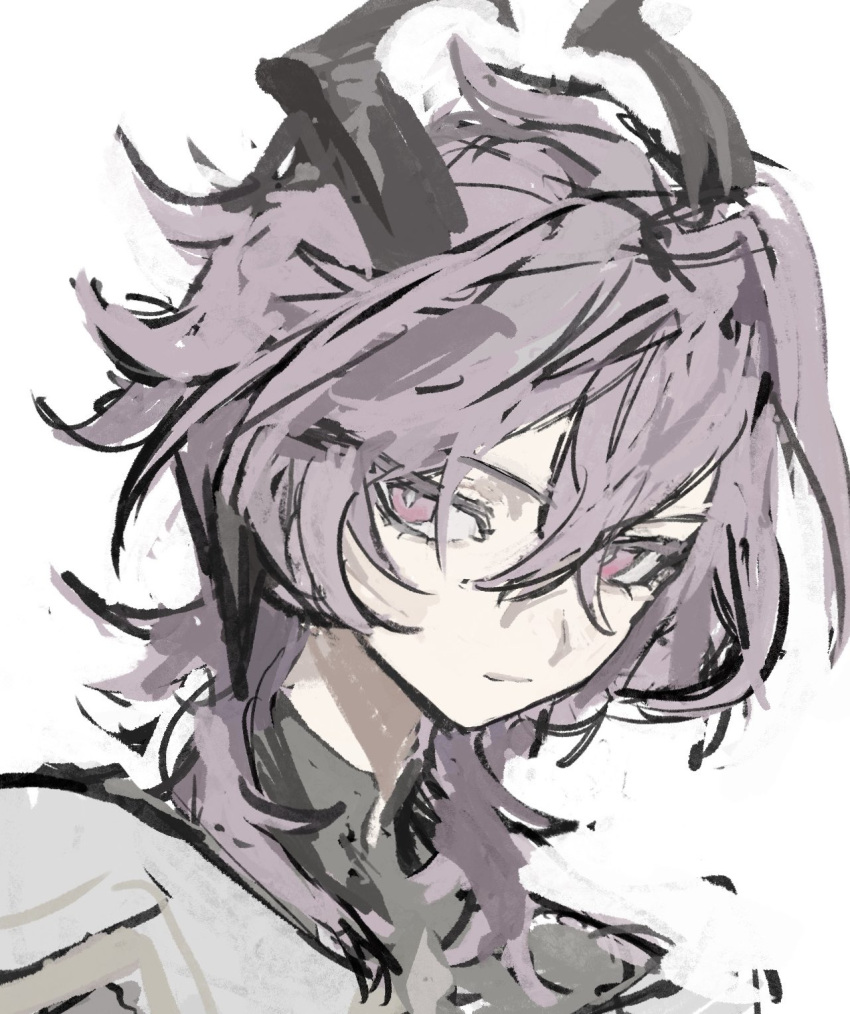 1boy, black_horns, closed_mouth, collared_shirt, commentary, commentary_request, crossed_bangs, double-parted_bangs