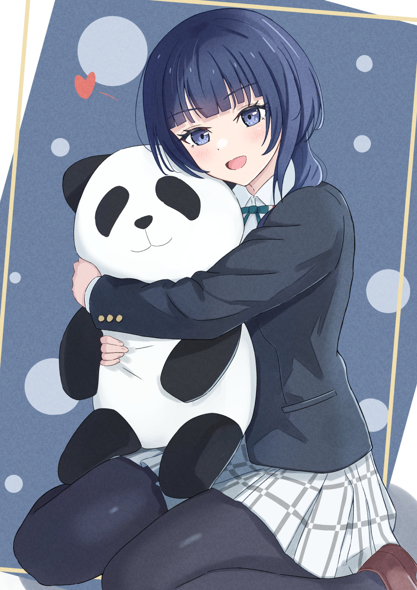 1girl, :d, absurdres, asaka_karin, beniyomogi, black_jacket, black_pantyhose, blue_background