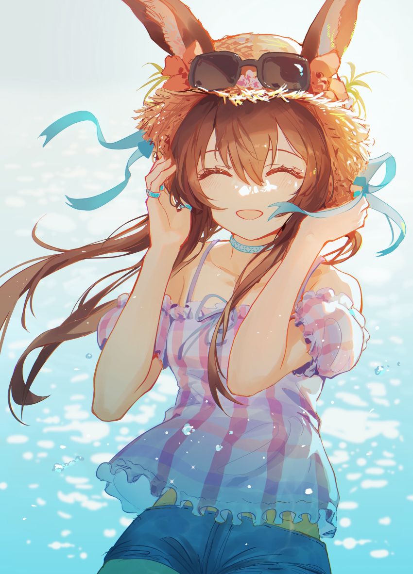 1girl, :d, ^_^, absurdres, amiya_(arknights), amiya_(summer)_(arknights), animal_ears, arknights